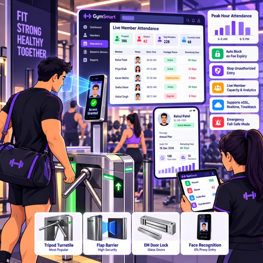 Gym Biometric & Face Recognition Access Control: Turnstiles, EM Locks & Zero Proxy Attendance