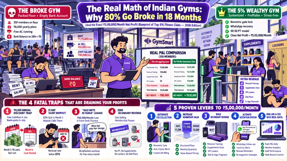 The Real Math of Indian Gyms: Why 80% Go Broke in 18 Months (And the Exact ₹5,00,000/Month Net Profit Blueprint of Top 5% Fitness Clubs — 2026 Edition)