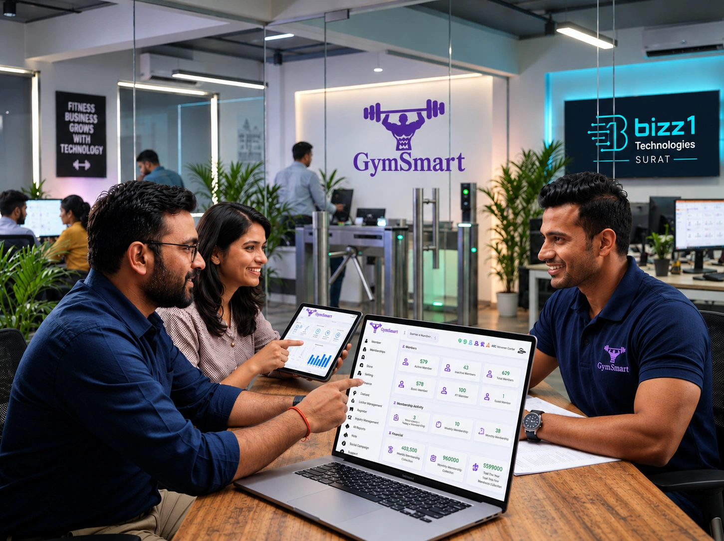 GymSmart Fitness ERP Engineering Team Collaborating with Indian Gym Owner in Surat Lab