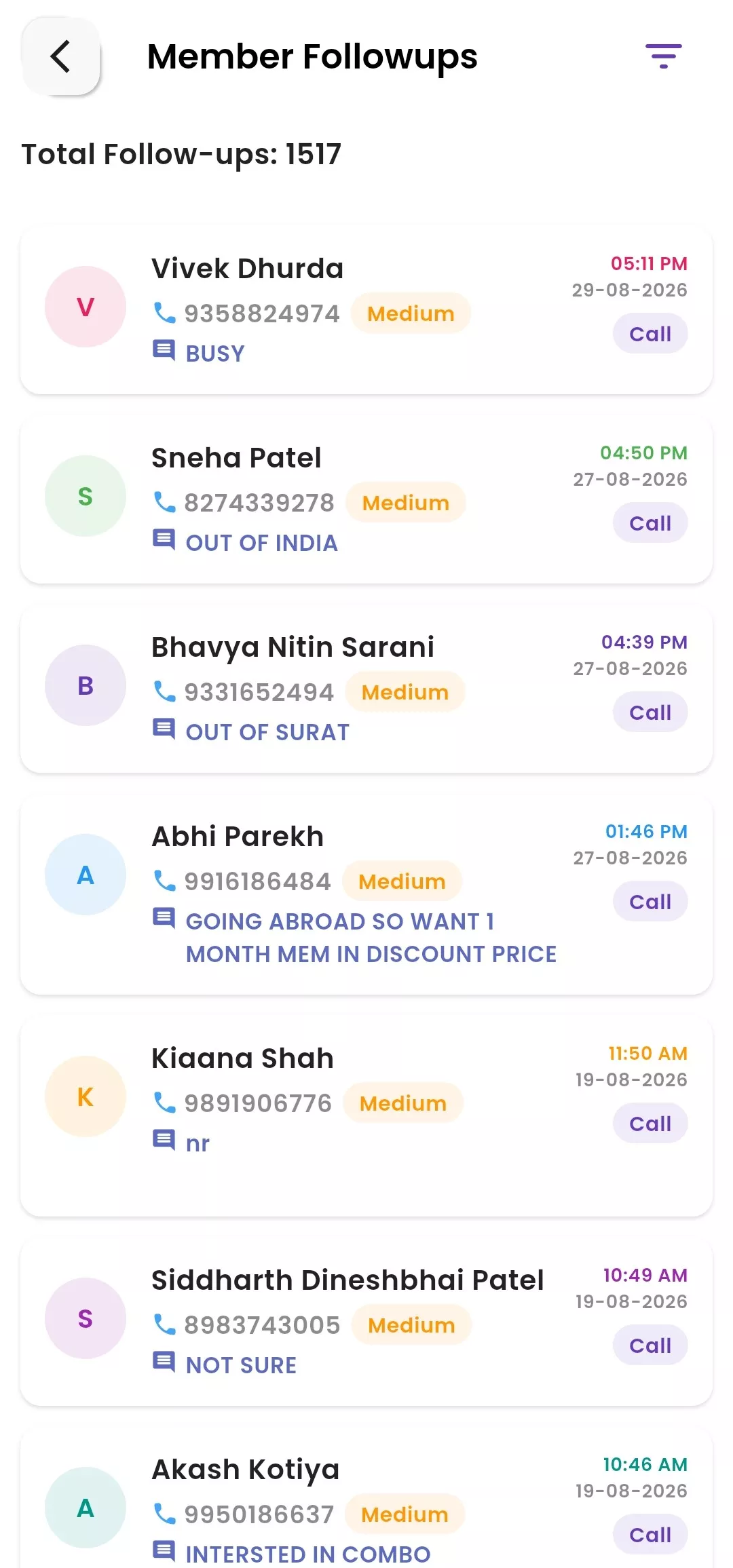Member Follow-up Notes & Status