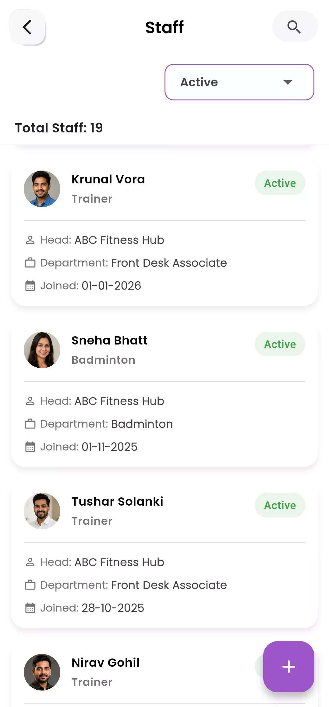 GymSmart Staff List & Role Management