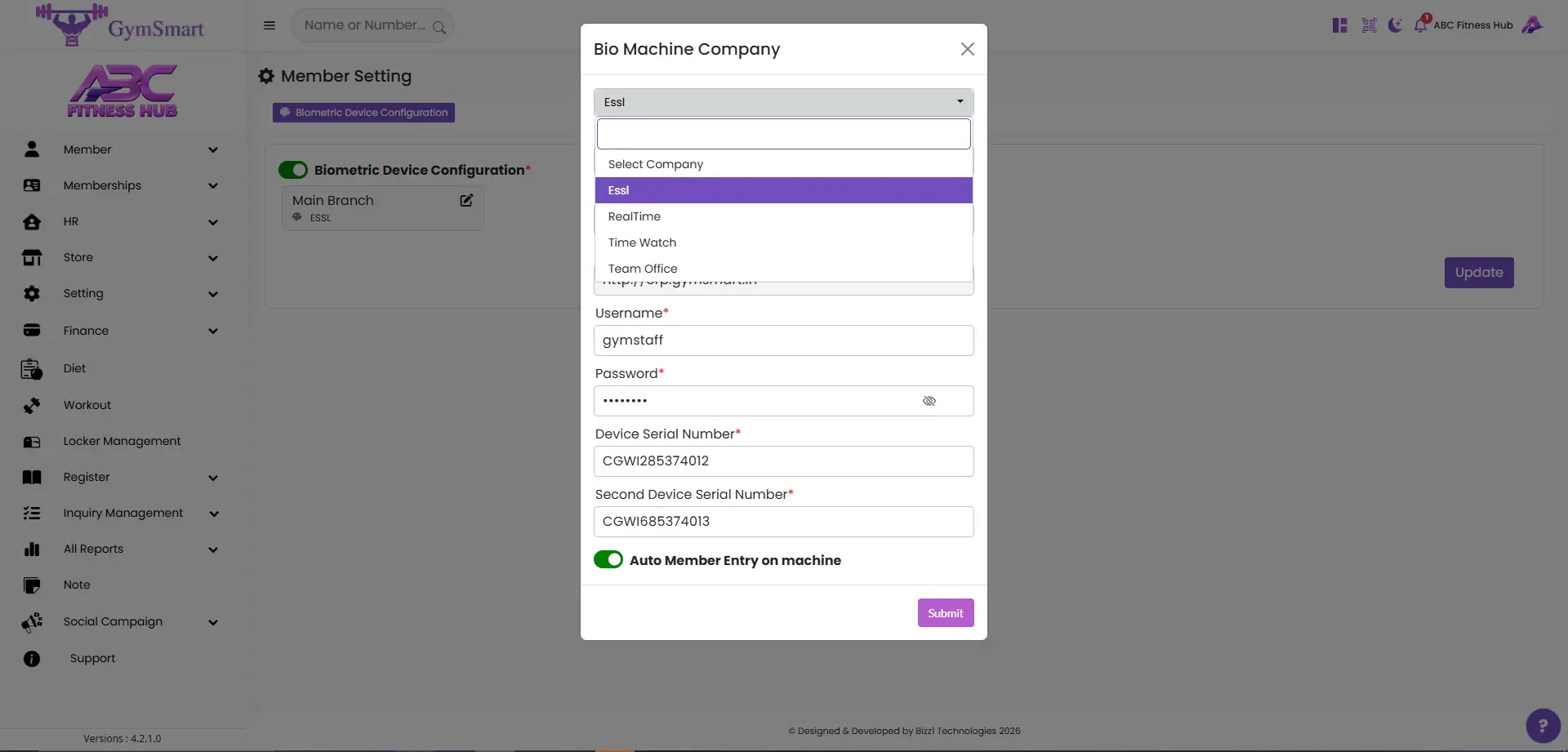 GymSmart Biometric Device Configuration Screen